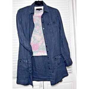 Womens French 100% Linen Navy Blue Roll Tab Sleeve Tunic Shirt Jacket Size Small